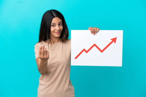 Young Woman Isolated Background Holding Sign Growing Statistics Arrow Symbol — Stockfoto