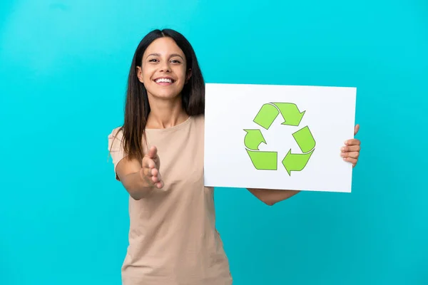 Young Woman Isolated Background Holding Placard Recycle Icon Making Deal — Foto de Stock
