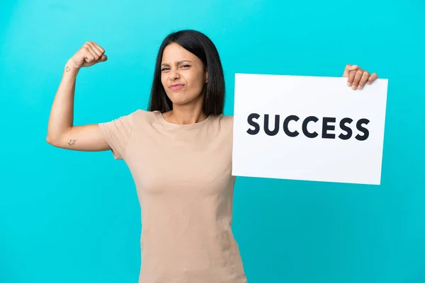 Young Woman Isolated Background Holding Placard Text Success Doing Strong — Stock Photo, Image