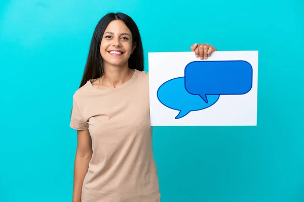 Young Woman Isolated Background Holding Placard Speech Bubble Icon Happy — 图库照片