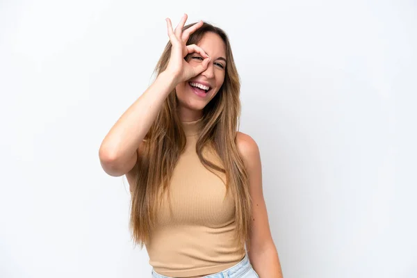 Jonge Blanke Vrouw Geïsoleerd Witte Achtergrond Tonen Teken Met Vingers — Stockfoto