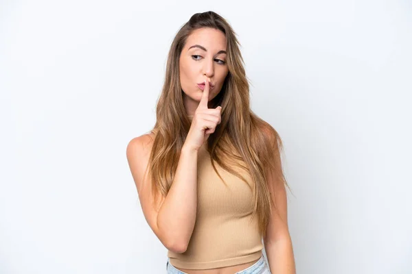 Young Caucasian Woman Isolated White Background Showing Sign Silence Gesture — Stock Photo, Image