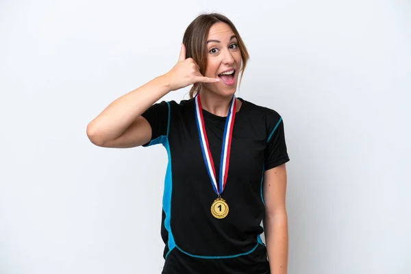 Young Caucasian Woman Medals Isolated White Background Making Phone Gesture — Stock Photo, Image