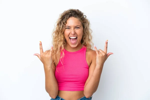 Girl Curly Hair Isolated White Background Making Horn Gesture — Stock Photo, Image