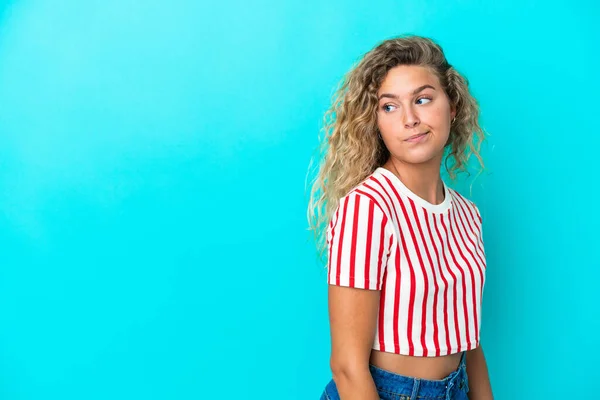Girl Curly Hair Isolated Blue Background Portrait — 스톡 사진