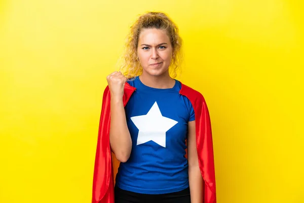 Girl Curly Hair Isolated Yellow Background Superhero Costume — Stockfoto