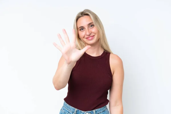 Mladá Běloška Žena Izolované Bílém Pozadí Počítání Pět Prsty — Stock fotografie