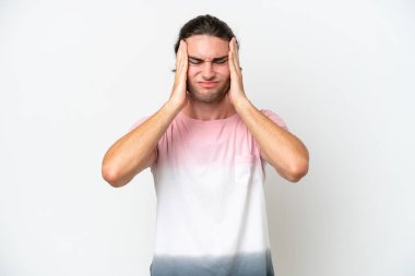 Caucasian handsome man isolated on white background with headache