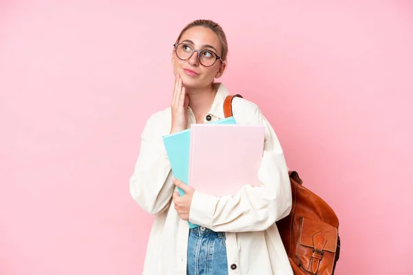 Young Student Caucasian Woman Isolated Pink Background Looking While Smiling — Stock Photo, Image
