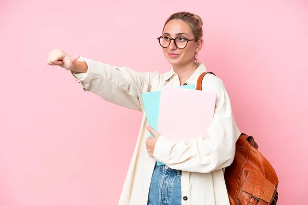 Young Student Caucasian Woman Isolated Pink Background Giving Thumbs Gesture — Stock Photo, Image