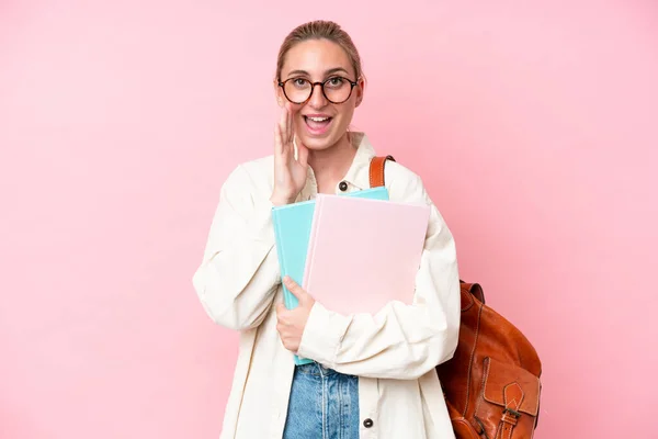 Young Student Caucasian Woman Isolated Pink Background Shouting Mouth Wide — Stock Photo, Image