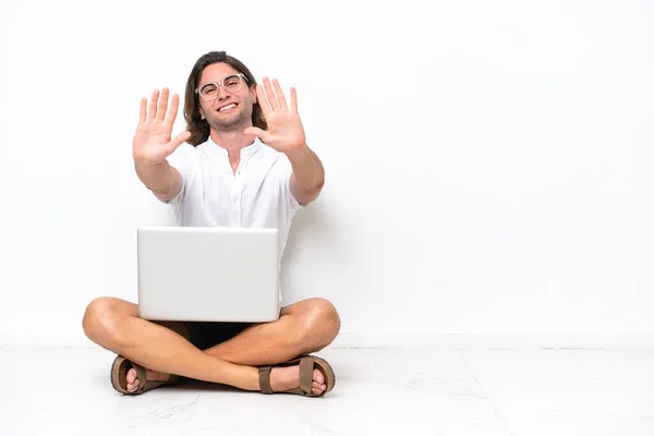 Young Handsome Man Laptop Sitting Floor Isolated White Background Counting — Foto de Stock