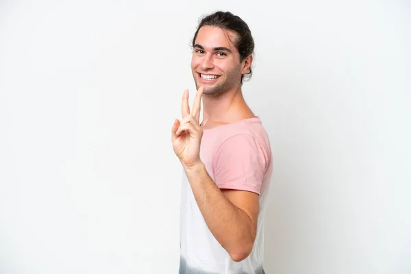 Caucasian Handsome Man Isolated White Background Smiling Showing Victory Sign — 스톡 사진