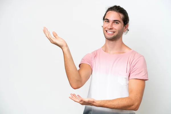 Caucasian Handsome Man Isolated White Background Extending Hands Side Inviting — Stock fotografie