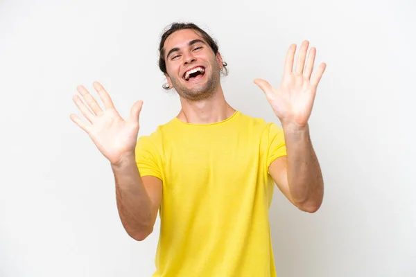 Caucasian Handsome Man Isolated White Background Counting Ten Fingers — Stockfoto