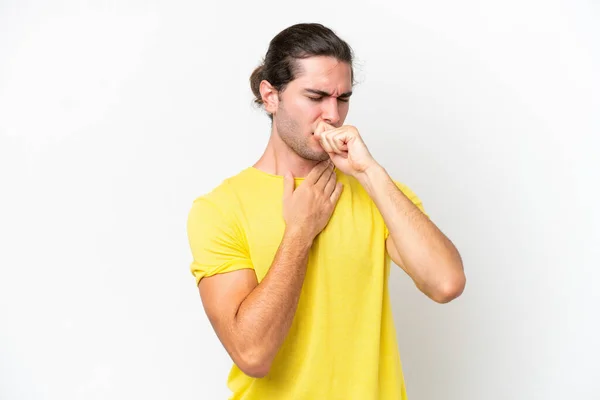 Caucasian Handsome Man Isolated White Background Coughing Lot — Zdjęcie stockowe