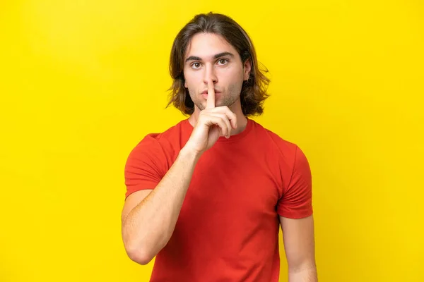 Caucasian Handsome Man Isolated Yellow Background Showing Sign Silence Gesture — Fotografia de Stock