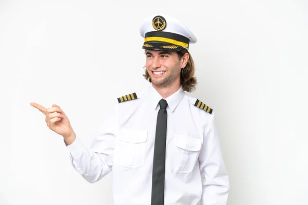 Handsome Airplane Pilot Isolated White Background Pointing Finger Side Presenting — Stock fotografie