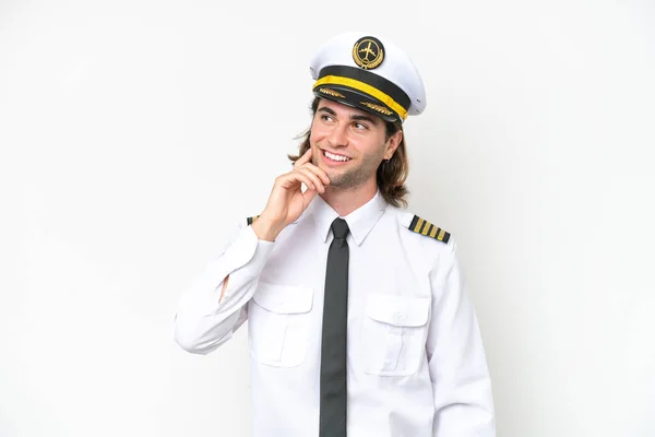 Handsome Airplane Pilot Isolated White Background Thinking Idea While Looking — Fotografia de Stock