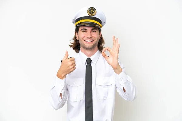 Handsome Airplane Pilot Isolated White Background Showing Sign Thumb Gesture — Stockfoto