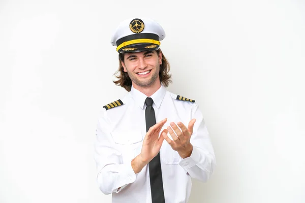 Handsome Airplane Pilot Isolated White Background Applauding Presentation Conference — Stok fotoğraf