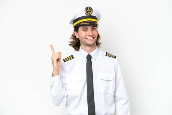 Handsome Airplane Pilot Isolated White Background Showing Lifting Finger Sign — Zdjęcie stockowe