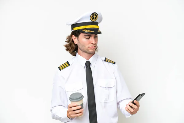 Handsome Airplane Pilot Isolated White Background Holding Coffee Take Away — Zdjęcie stockowe