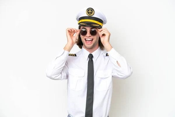 Handsome Airplane Pilot Isolated White Background Glasses Surprised — Stockfoto