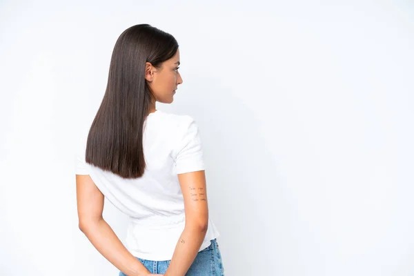 Young Caucasian Woman Isolated White Background Back Position Looking Back — Stock Photo, Image