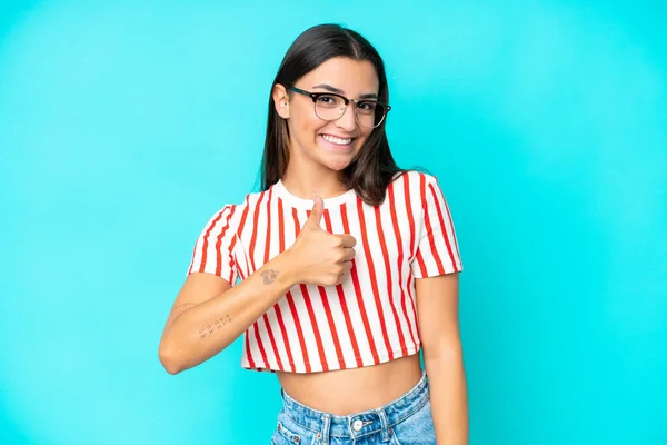 Young Caucasian Woman Isolated Blue Background Giving Thumbs Gesture — Stock Photo, Image