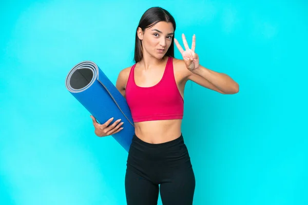 Young Sport Caucasian Woman Going Yoga Classes While Holding Mat — Foto Stock