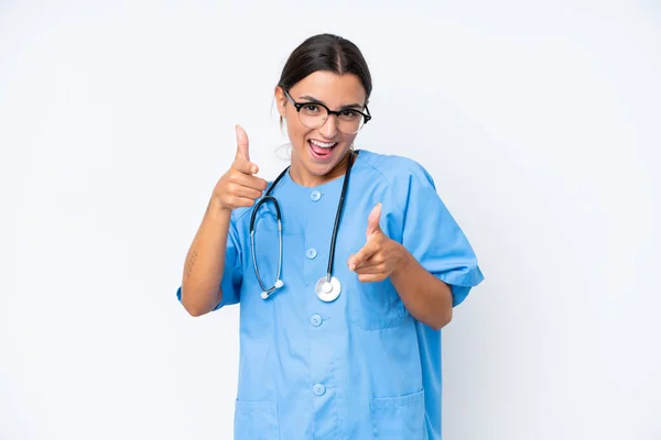 Young Nurse Woman Isolated White Background Pointing Front Smiling — Fotografia de Stock
