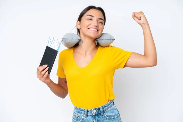 Woman Inflatable Travel Pillow Isolated Background Doing Strong Gesture — Fotografia de Stock