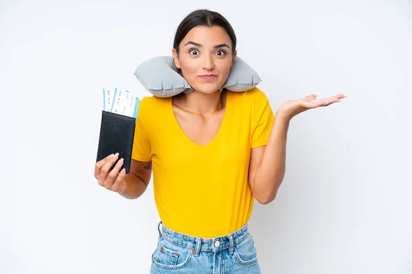 Woman Inflatable Travel Pillow Isolated Background Having Doubts While Raising — Fotografia de Stock