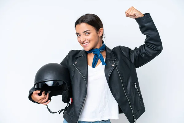 Young Caucasian Woman Motorcycle Helmet Isolated Blue Background Doing Strong — ストック写真