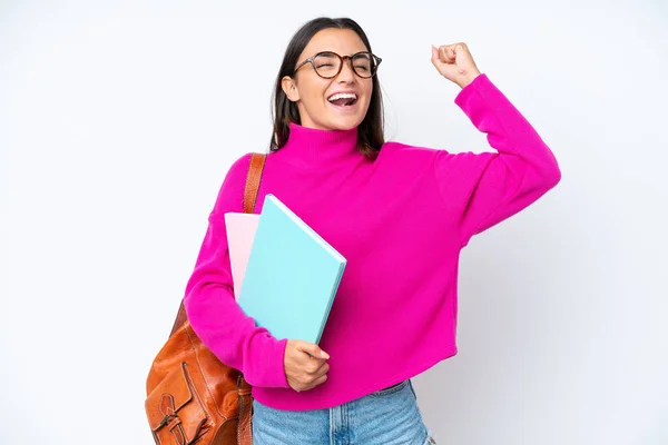 Jovem Estudante Mulher Isolada Fundo Branco Fazendo Gesto Forte — Fotografia de Stock