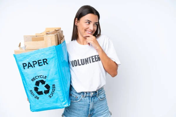 Young Caucasian Woman Holding Recycling Bag Full Paper Recycle Isolated — ストック写真