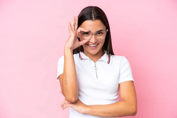 Young Caucasian Woman Isolated Pink Background Glasses Happy Expression — Stockfoto