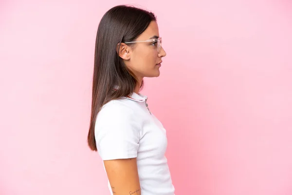 Young Caucasian Woman Isolated Pink Background Glasses — 图库照片
