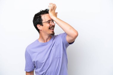 Young man with moustache isolated on white background has realized something and intending the solution