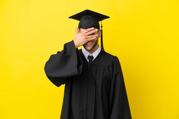 Young University Graduate Caucasian Man Isolated Yellow Background Covering Eyes — Stockfoto