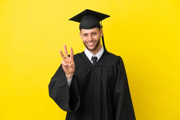 Young University Graduate Caucasian Man Isolated Yellow Background Happy Counting — Stockfoto