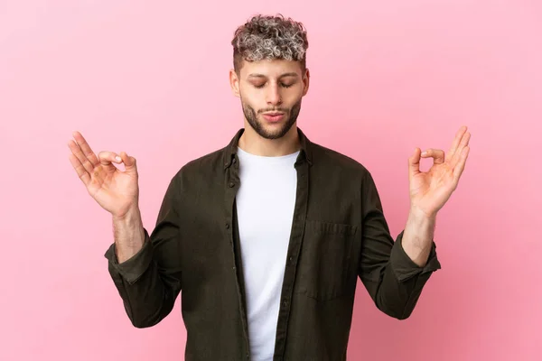 Young Handsome Caucasian Man Isolated Pink Background Zen Pose — Stock Photo, Image