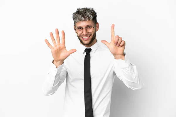 Business Caucasian Man Isolated White Background Counting Seven Fingers — Stockfoto