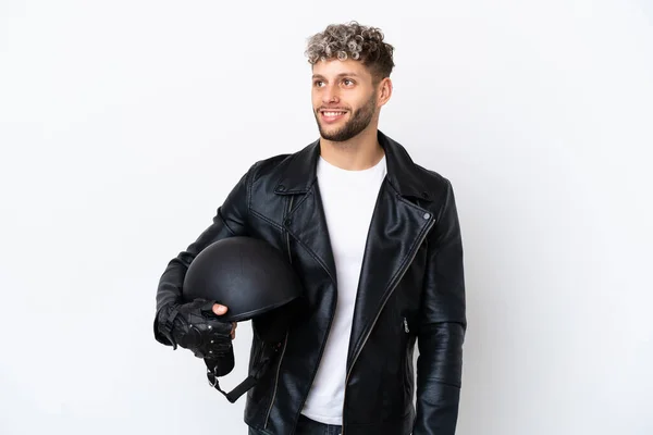 Young Man Motorcycle Helmet Isolated White Background Thinking Idea While — Φωτογραφία Αρχείου