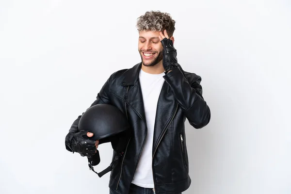 Young Man Motorcycle Helmet Isolated White Background Smiling Lot — ストック写真