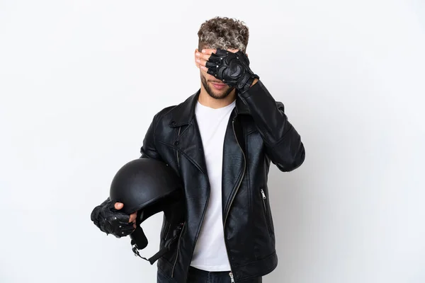Young Man Motorcycle Helmet Isolated White Background Covering Eyes Hands — Foto Stock