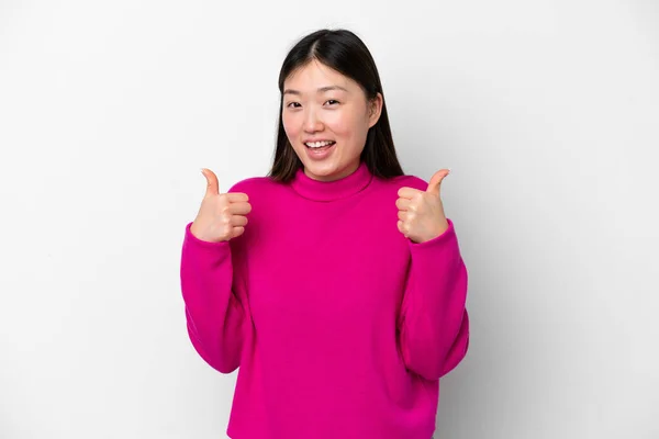 Young Chinese Woman Isolated White Background Giving Thumbs Gesture — Stock Fotó