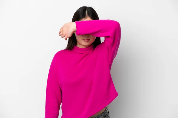 Young Chinese Woman Isolated White Background Covering Eyes Hands — Stockfoto