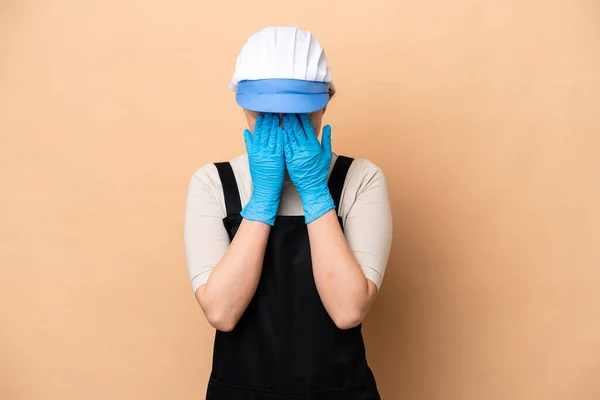 Young Chinese Fishmonger Woman Wearing Apron Holding Raw Fish Isolated — 스톡 사진